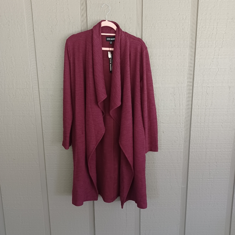 Steve Madden Drape Front Slub Knit Jacket Size S Women Wine Cotton Blend Pockets